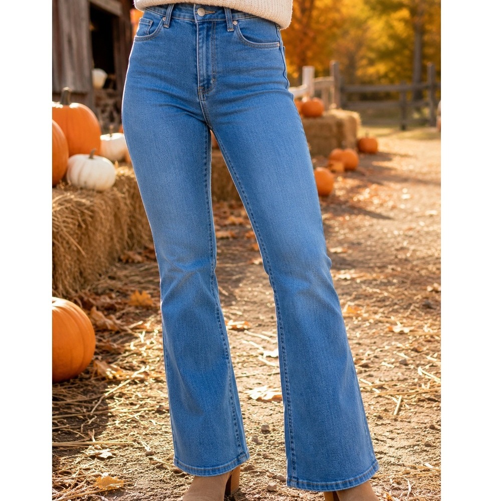 Blue Turtle Womens High Rise Flare Jeans Medium Wash Sustainable Denim 1
